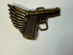 Winged Gun Flying Pistol Handgun Figural Cutout Brass Tone 4&Prime; Wide Belt Buckle