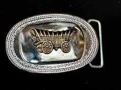 Vintage Covered Wagon On Reflective Oval Two Tone Western Belt Buckle