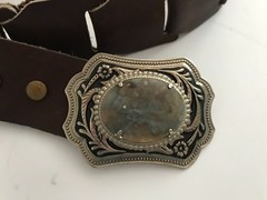 VINTAGE Leather BELT & BUCKLE SILVER tooled BUCKLE large POLISHED Jasper STONE