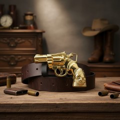 Men Belt Buckle Gold Metal Western Cowboy Pistol Revolver Gun Weapon Skull Head