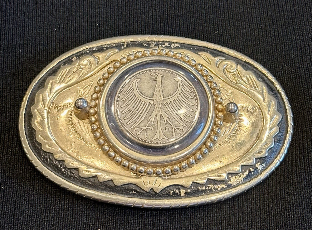 Vintage Western Belt Buckle Featuring German Coin Bundesadler Eagle