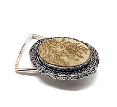 Handcrafted 925 Sterling Silver Fossil Coral Dendrite Stone Oval Belt Buckle.