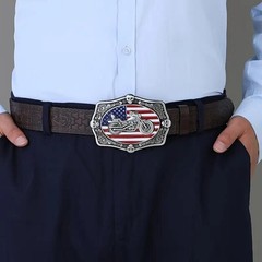 V-Twin Motorcycle & Skulls Belt Buckle •Red White Blue Enameled American Flag