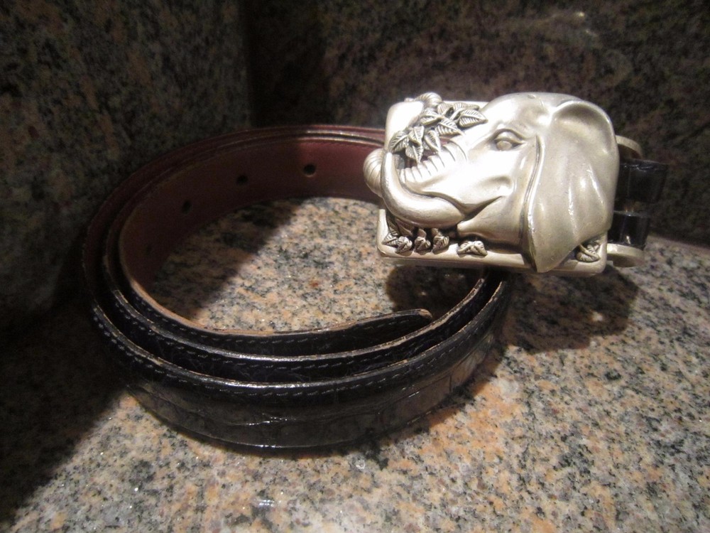 KIESELSTEIN-CORD ELEPHANT BELT BUCKLE WITH BLACK ALLIGATOR BELT SIZE 4