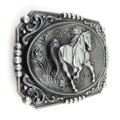 Unisex Western Horse Tooled Floral Belt Buckle Antique Silver Fits 1.5&Prime; Belts