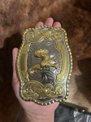 Western Horse Floral Rectangular Belt Buckle Silver/Gold Tone Metal 1.5in