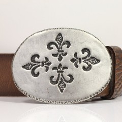 Fleur-de-Lys Belt Buckle Oval Antique Silver Hammered Effect Medieval Design