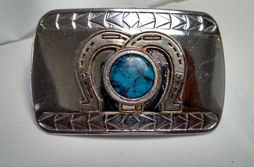 Vintage Chrome Plated Metal Belt Buckle Brass Horse Shoes Faux Turquoise Center