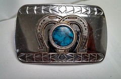 Vintage Chrome Plated Metal Belt Buckle Brass Horse Shoes Faux Turquoise Center