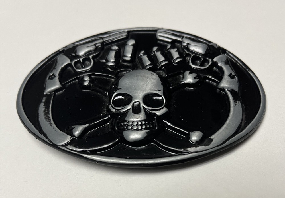 Skull and Crossbones, Black/Silver Metal Motorcycle Biker Belt Buckle