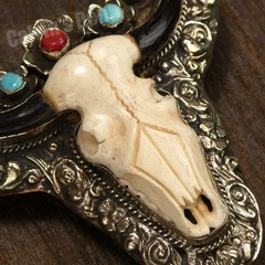 Hand Carved Bull Skull Western Floral Large Belt Buckle with Turquoise & Coral