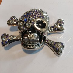 Silver Rhinestone Skull and Crossbones Belt Buckle Purple Blue Crystals 4×3