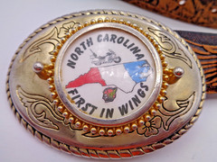 NOCONA BELT + BUCKLE – NORTH CAROLINA – FIRST IN WINGS – Made In USA – Size 38