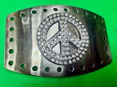 Peace Symbol Sign Rhinestone Bling Hole Border Hippy Silver Tone Belt Buckle