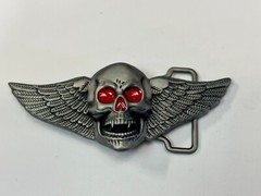 Skull With Fangs And Bright Red Eyes Cutout Large Wide Belt Buckle