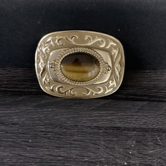 vintage TIGERS EYE belt buckle GEMSTONE polished rock inset