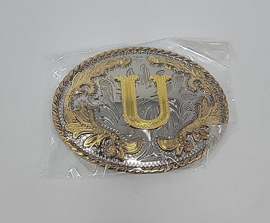 Metal Western Belt Buckle The Letter U – Gold/Chrome -Unisex Adult Alphabet 1 sz