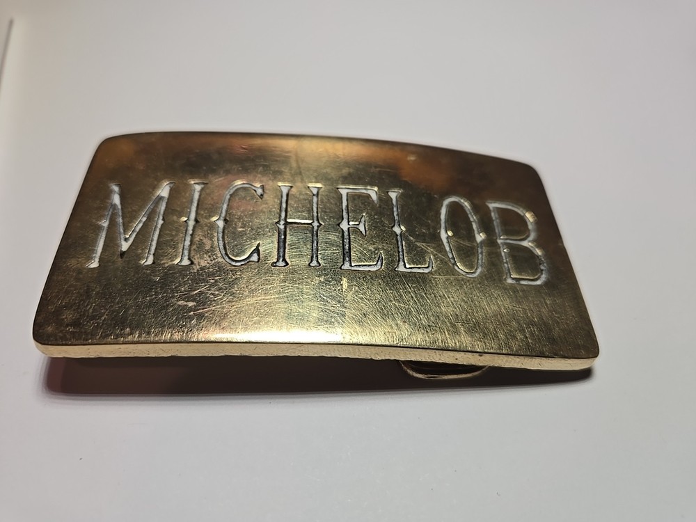 vintage 1970s belt buckle MICHELOB beer SOLID BRASS cowboy WESTERN