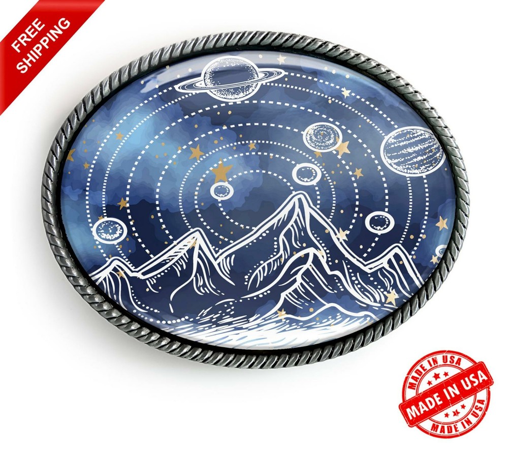 Outer Space Belt Buckle – Planets + Stars Sci-fi Handmade Silver Buckle – 13