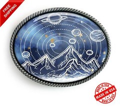 Outer Space Belt Buckle – Planets + Stars Sci-fi Handmade Silver Buckle – 13