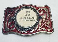Rectangle Belt Buckle For USA Silver Dollar Coin Screw Back Silver Tone & Red