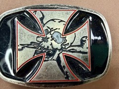 Maltese Iron Cross with Skull Cutout Black Enamel Gothic Punk Vibe Belt Buckle