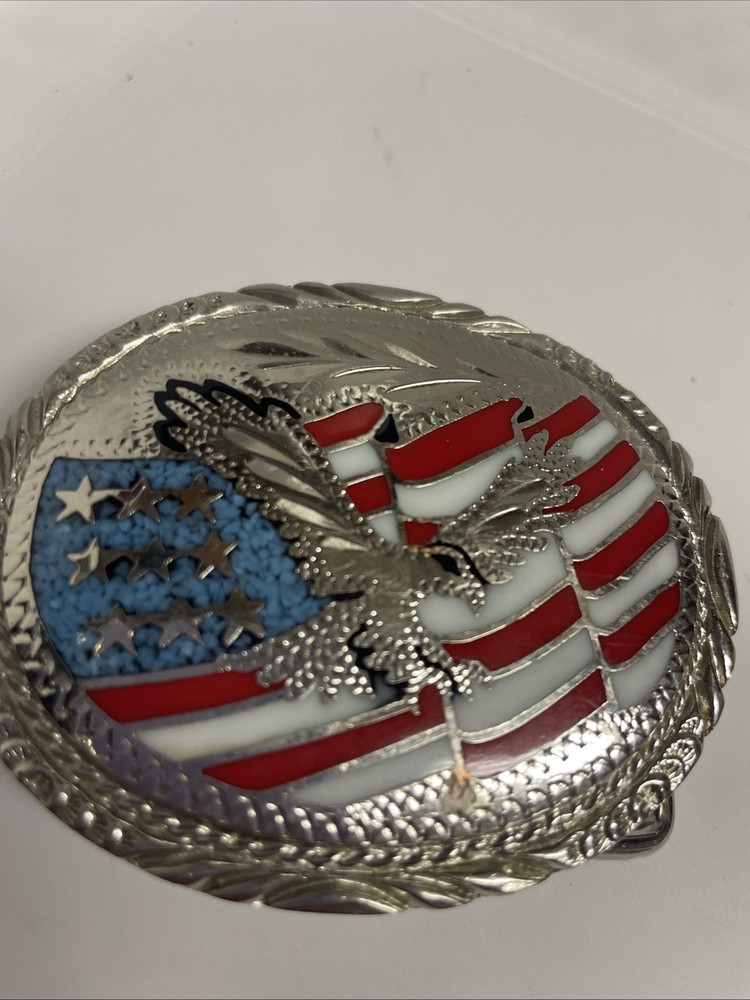 Vintage Silver Eagle & Flag Patriotic Belt Buckle