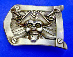 Pirate Skull Crossbones with Crossed Swords 3D Raised Silver Tone Belt Buckle