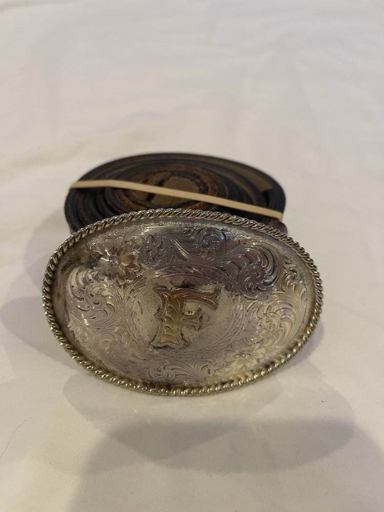 Montana Silversmith Letter F Belt Buckle w/ Leather Belt Size 48/120 Used
