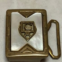 Vintage Belt Buckle Shell Inlaid Brass Ornate Design Marked Gloray Newport