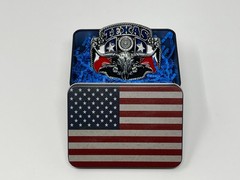 Texas Pride Belt Buckle with USA Flag Container – Western Belt Buckles for Men
