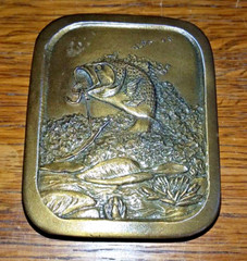 1976 Indiana Metal Craft LARGE MOUTH BASS Brass belt buckle 2.25 x 2.75 …NICE!