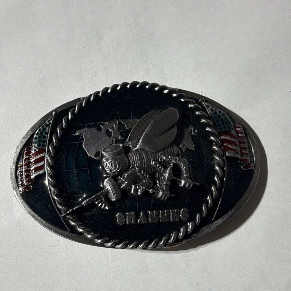 Bergamot Brass Works R-42 Oval USA Flag Sea Bees Belt Buckle 1.75&Prime; Made in USA