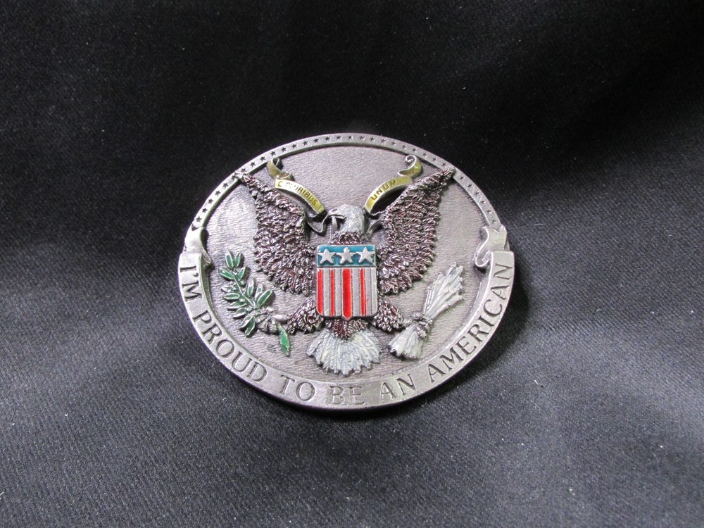 Vint Belt Buckle Proud To Be An American 1981 H132 USA Bergamot Brass Works D5