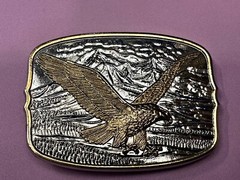 Vintage Soaring Patriotic USA Eagle Hawk w/ Mountains Belt Buckle 3.5” x 2.5”