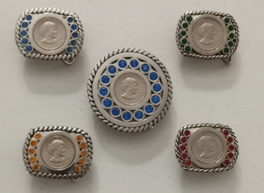 5 Vintage Stainless Steel Rhinestone Buckles Susan B Anthony Dollar 1979p
