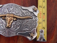 Silver Tone Metal Belt Buckle, Gold Tone Long Horn Steer Image SHIPS FREE