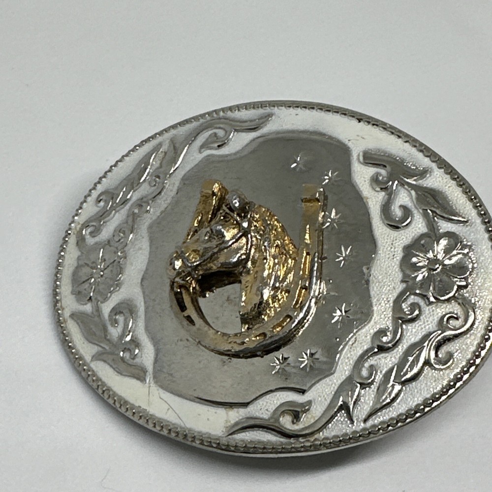 Vintage Horse Head In Horseshoe Western Belt Buckle Hibiscus Amapola FlowerVine