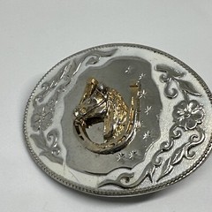Vintage Horse Head In Horseshoe Western Belt Buckle Hibiscus Amapola FlowerVine