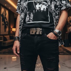 Men Silver Metal Belt Buckle Hip Hop Street Fashion Clubwear 100$ Bill Money $$$