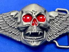 Skull With Fangs And Bright Red Eyes Cutout Large Wide Belt Buckle
