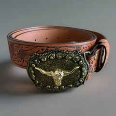 Western Faux Leather Belt Longhorn Steer Buckle Brown Antique Style Brass Tone