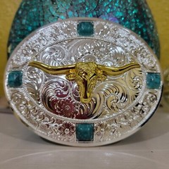 Longhorn Western belt Buckle oval Gold Silver Heavy blue stone accents