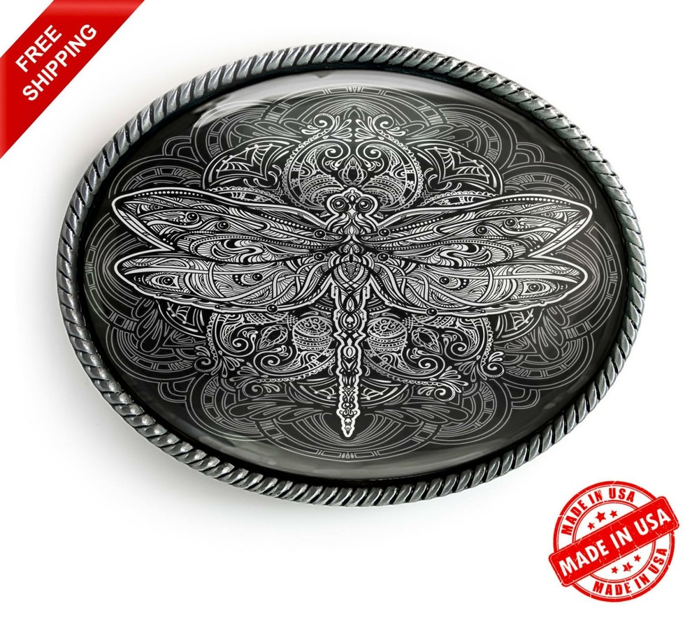 Ornate Dragonfly Belt Buckle – Art Nouveau Esoteric Mandala Handmade Buckle – 32