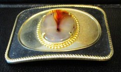 Vintage Brass Belt Buckle with Oval Shape Acrylic Looking Stone