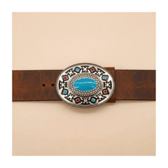 Men Women Silver Metal Buckle Ethnic Aztec Oval Turquoise Trendy Western Fashion