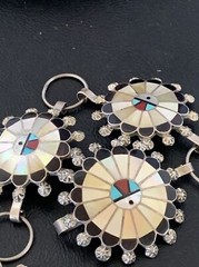 Turquoise & Onyx Zuni Sterling Silver Sun Face Inlay Old Pawn Belt 40&Prime; 12109
