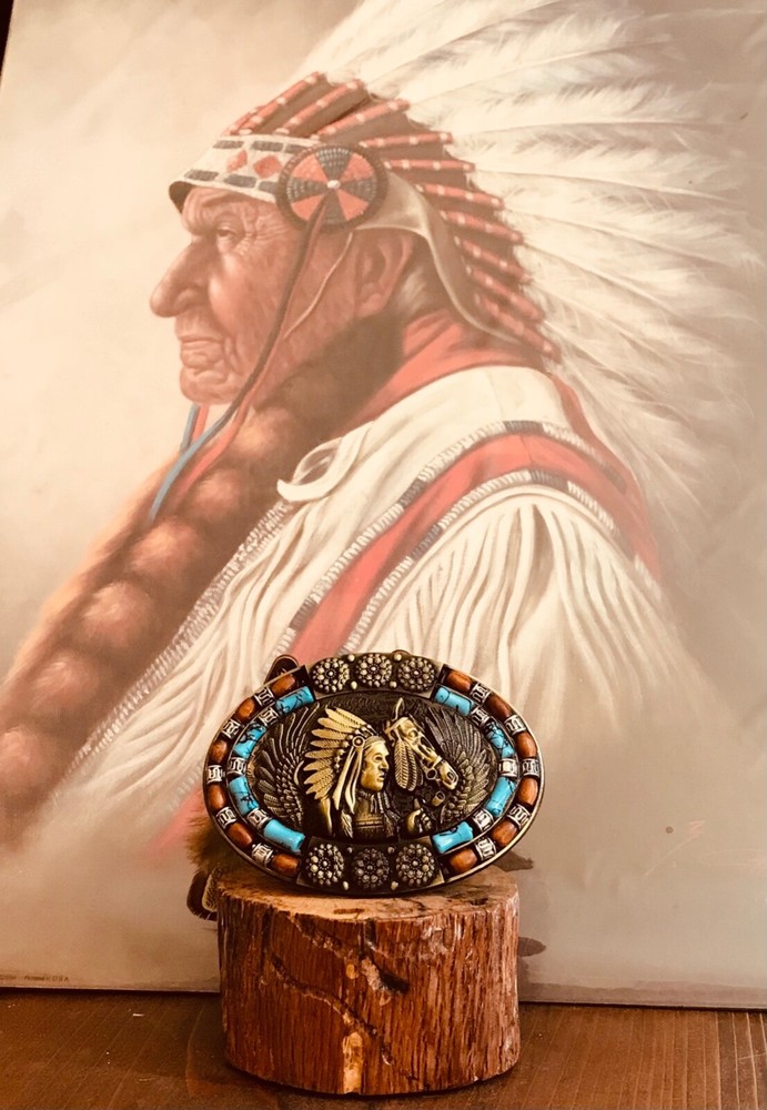 Men -women Belt Buckle Indian Chief horse eagle wings 1.5&Prime; inlaid stone