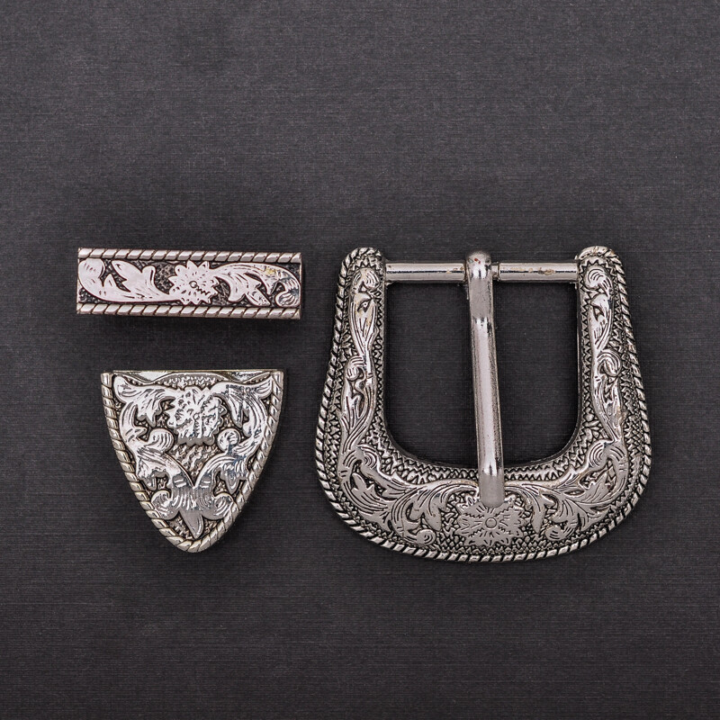 Western Cowboy Silver Flower Engraved Belt Pin Buckle 3pc/Set Fits 1-1/8&Prime; Strap
