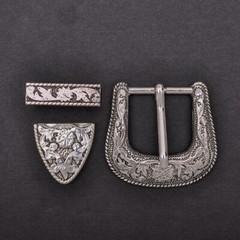 Western Cowboy Silver Flower Engraved Belt Pin Buckle 3pc/Set Fits 1-1/8&Prime; Strap